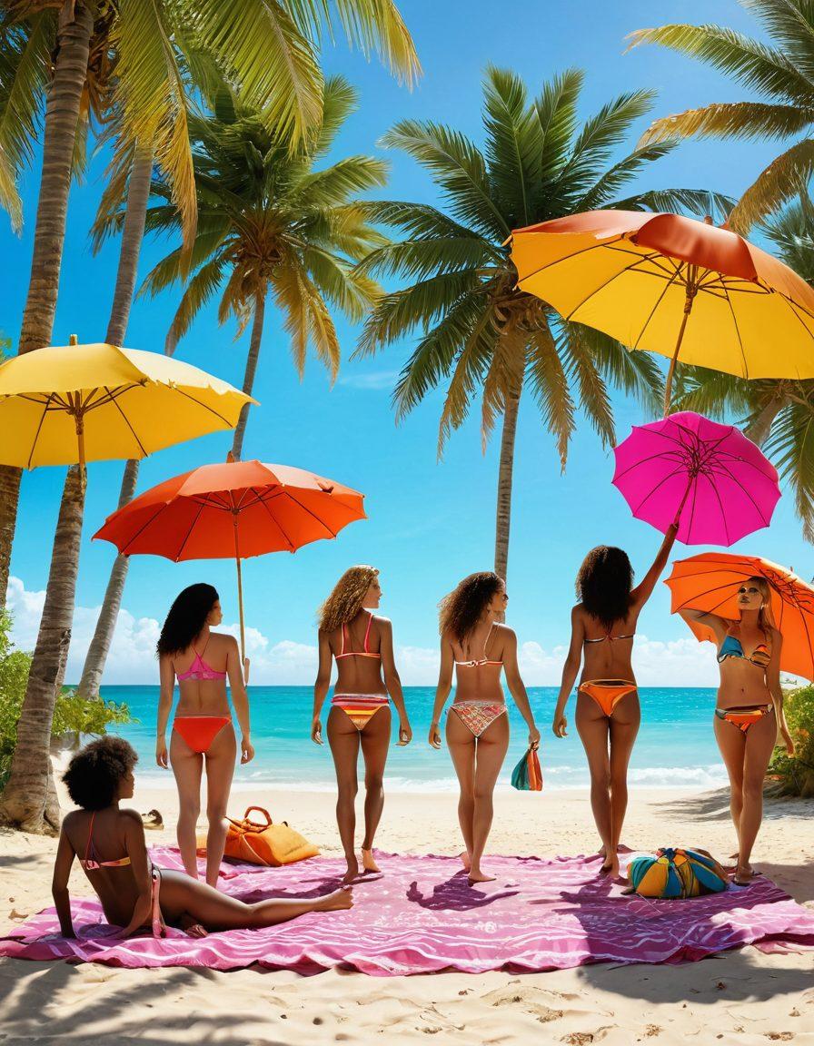 A picturesque beach scene featuring a diverse group of friends joyfully trying on vibrant, stylish beachwear under the warm sun. Lush tropical palm trees sway gently in the background, while glistening waves lap at the shore. Colorful beach umbrellas and a sandy beach blanket add to the festive atmosphere, evoking a sense of adventure and relaxation. High-energy colors and a sense of movement should be emphasized to convey happiness and summer vibes. super-realistic. vibrant colors. 3D.