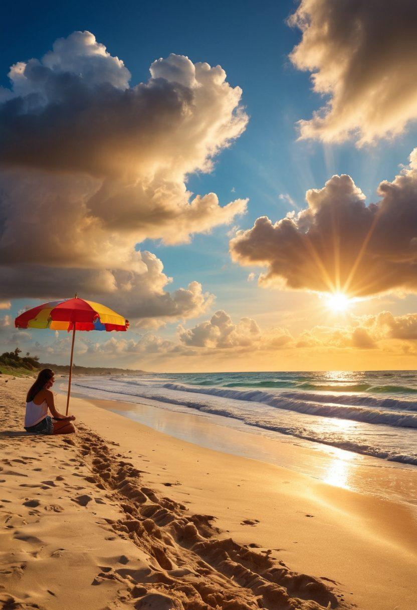 A vibrant beach scene with a sunlit shoreline, colorful beach umbrellas, and joyful people engaging in various activities like building sandcastles and playing beach volleyball. In the sky, fluffy white clouds part to reveal a warm sun, symbolizing hope and transformation, while hints of darker clouds in the distance illustrate the journey from melancholy to happiness. The colors should be bright and inviting, capturing the essence of a perfect day at the beach. super-realistic. vibrant colors. sunny atmosphere.