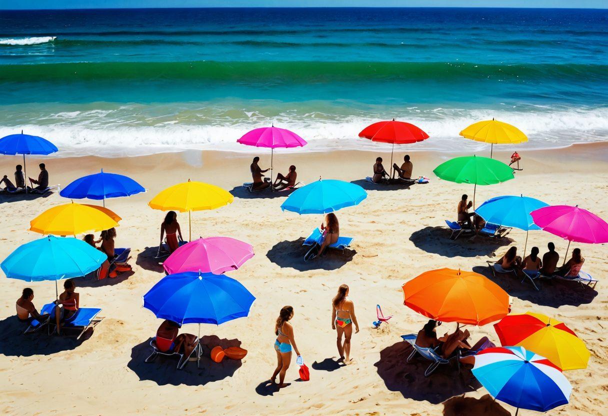 A vibrant beach scene under a sunny sky, featuring diverse individuals joyfully wearing bright and colorful beachwear. Include elements like umbrellas, surfboards, and beach balls, with gentle waves lapping at the shore. Emphasize the contrast of bright colors against a deep blue ocean, evoking feelings of warmth and happiness despite some individuals with subtle frowns or pensive expressions. super-realistic. vibrant colors. sunny day.